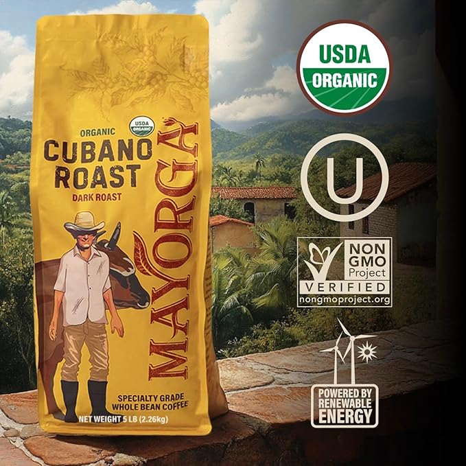Mayorga Dark Roast Coffee 5lb bag Cubano Roast 100% Arabica Café Whole Coffee Beans - Smoothest Organic Coffee - Specialty Grade Non-GMO Direct Trade