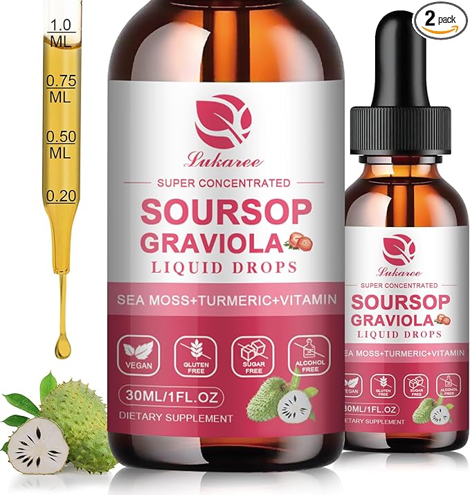 (2 Pack) Soursop Graviola Leaf Extract Liquid Drop Plus Pure Botanical Sea Moss for Cell Support &amp Regeneration Immunity and Gut Health Soursop Bitters Liquid丨Full TextureStrawberry Flavor1 Fl