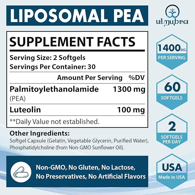 Liposomal Palmitoylethanolamide 1300 MG Plus Luteolin 100 MG Superior Absorption Micronized Pea Supplement for Discomfort Management 120 Softgels