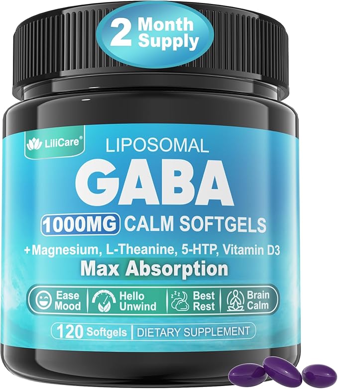 GABA Supplement - 1000 mg Liposomal Form for Optimal AbsorptionGABA with L-Theanine Magnesium Glycinate 5HTP Vitamin D3 for Brain Calm Mood Zzz Better - Melatonin-Free 120 Softgels.