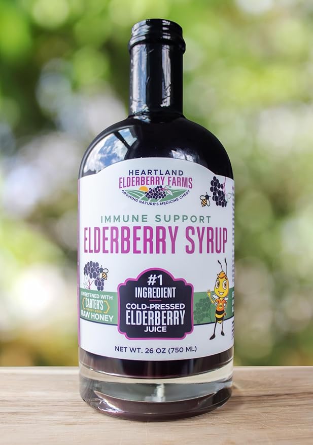 Heartland Organic Elderberry Syrup - Cold Pressed Elderberry Juice Zero Water Added - Immune Support for Kids &amp Adults - Made with Raw Honey Ginger Cinnamon &amp Star Anise - 13 fl oz (375 ml)