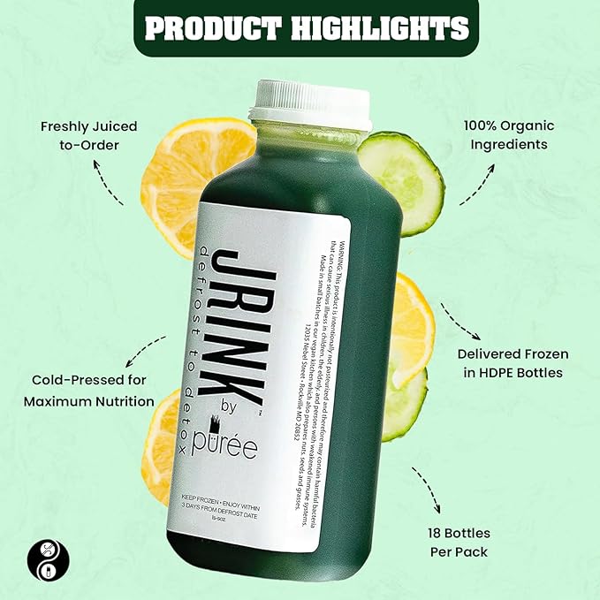 JRINK by Purée Daily Green Juice Cold Pressed Organic Fruit and Vegetable Blend Detox Cleanse Healthy Raw Greens Drink No Preservatives Juice Cleanse 16oz HDPE Bottles Pack of 18