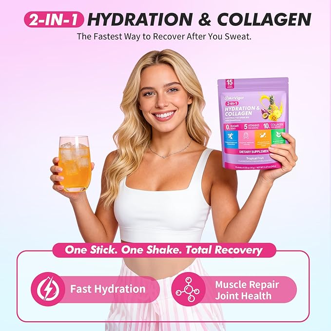 Electrolyte Collagen Powder Packets 10g Collagen Protein Drink Mix for Hydration Recovery Zero Sugar 2-in-1 Post Workout Rehydration Joint Skin Muscle Support 5 Vitamins Tropical Fruit