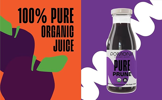 Pomona Organic Juices Pure Prune Juice 8.4 Ounce Bottle (Pack of 12) Cold Pressed Organic Juice Non-GMO No Sugar Added Not from Concentrate Gluten Free Kosher Certified Preservative Free