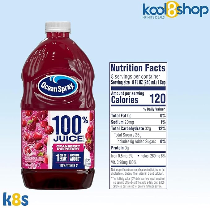 Ocean Spray 100% Cranberry Raspberry Fruit Juice No Added Sugar 64 fl oz 4 Pack + 15 Sugarcane Disposable Straws by KOOL8SHOP Infinite Deals
