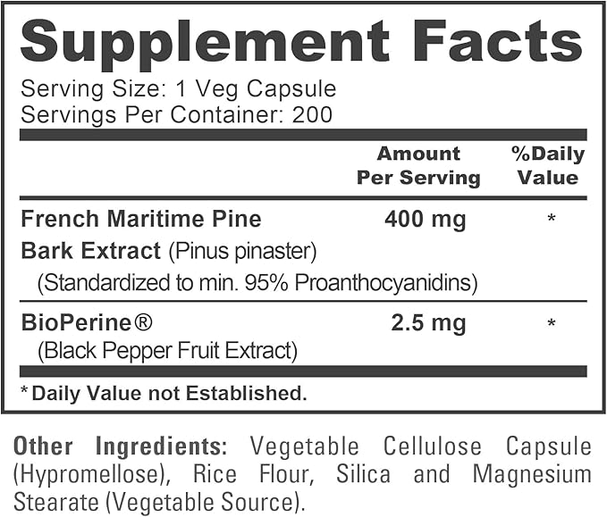 NusaPure French Maritime Pine Bark Extract 400mg per Veggie Caps 200-Day Supply Bioperine Non-GMO Vegan