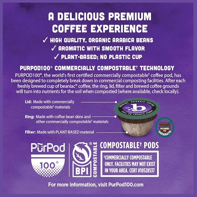 beaniac Organic Full On French Roast Dark Roast Single Serve Compostable K Cup Coffee Pods Organic Arabica Coffee Keurig Brewer Compatible 30 Count