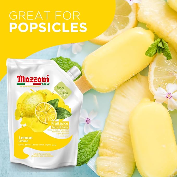 Mazzoni - Lemon Juice 100% Pure Lemon Just Juice No Sugar Added Not from Concentrate No Added Ingredients Mixer for Cocktails Drinks Smoothies – 2.2 lb Convenient Pouch Made in Italy