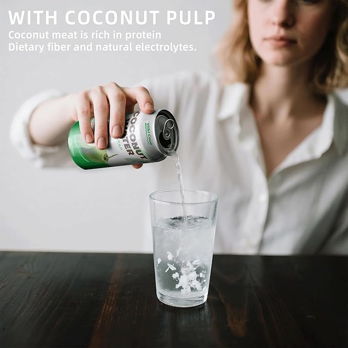 VIIBI Coconut Water with Pulp Low Calorie All-Natural Drink with Electrolytes NO added Sugar Smart Alternative to Coffee Soda and Sports Drinks - Gluten Free 11 Fl Oz (Pack of 24 Cans)