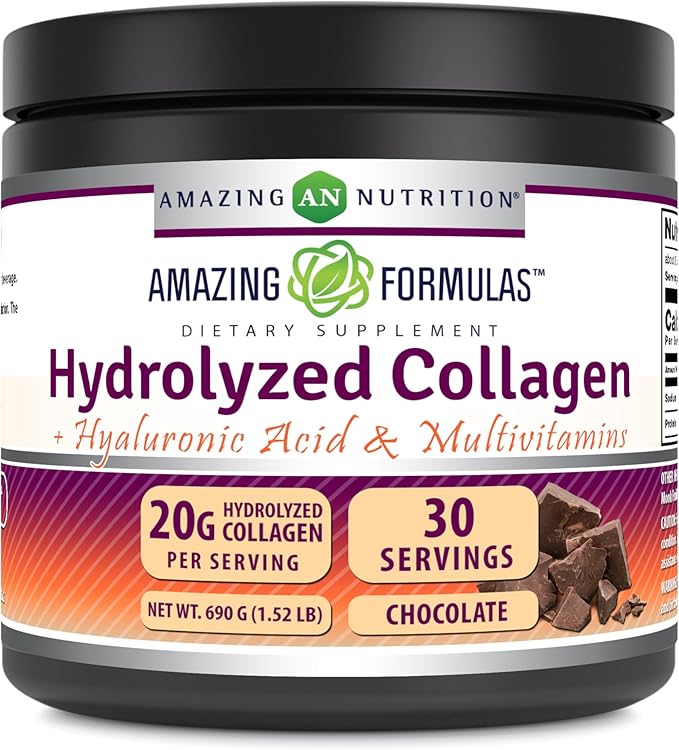 Amazing Formulas Hydrolyzed Collagen with Hyaluronic Acid &amp Multivitamins Supplement | 30 Servings Powder | 660 Grams | Chocolate Flavor