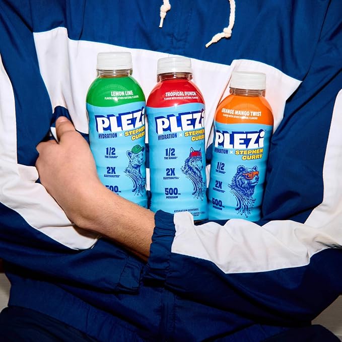 PLEZi Lemon Lime Hydration Drink x Stephen Curry - Sports Drinks with 2X Electrolytes - 500mg Potassium Low Sugar No Added Sugar - For Kids &amp Adults - 16.9 Fl Oz (12 Pack)