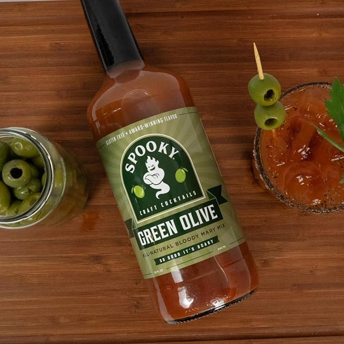 SPOOKY - Green Olive Bloody Mary Mix - Made With All Premium Natural Ingredients - No Artificial Color or Flavor - No Preservative No MSG Low Carb Low Calorie &amp Gluten Free - 32 Oz (Pack of 2)
