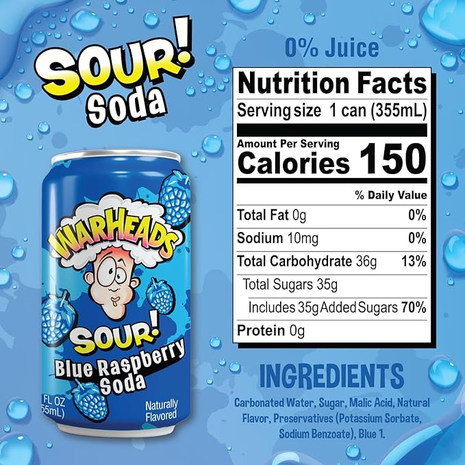 Sour Fruity Soda with Classic Warheads Flavors – Perfectly Balanced Sweet and Sour Soda - Warheads Candy Throwback Treat Soda Cocktail Mixer Pack of 12 12oz Cans (Variety Pack)