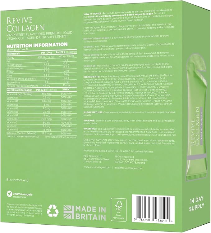 Revive Collagen 2500mg Plant-Based Vegan Collagen Peptides – Skin Hydrating Liquid Supplement with Vitamins B C D E Raspberry Flavor – Vegan Collagen for Women 21 Fl Oz 28 Sachets