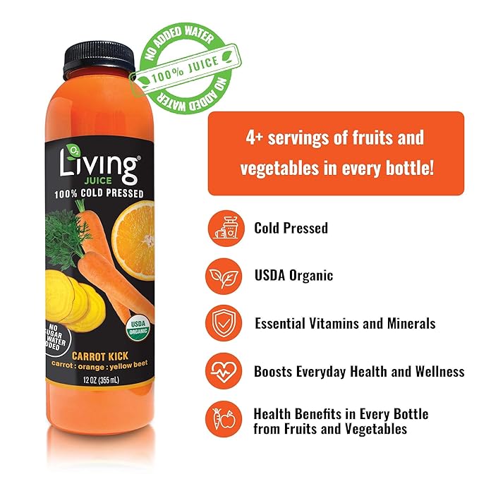 O2 Living Juice Cold Pressed Drink - Carrot Kick Organic Juice Variety Pack - No Added Sugar or Water Naturally Sweetened from Fruits Rich in Nutrients &amp Vitamins - 12oz (6-Pack) + 4oz (5-Pack)