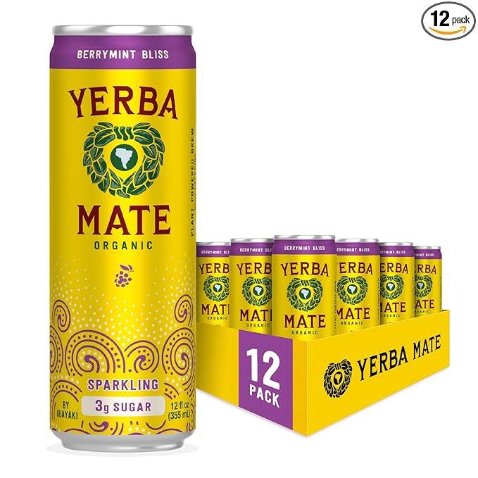 Yerba Madre Organic Sparkling Yerba Mate Berrymint Bliss Low Sugar 80mg Natural Caffeine Smooth Energy &amp Focus Carbonated 12 Oz (Pack of 12) (Packaging May Vary)