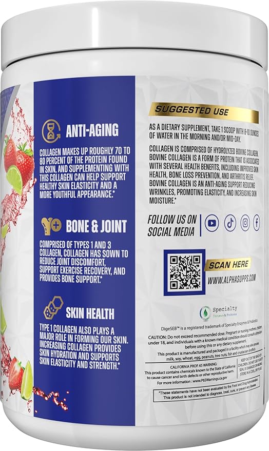 Alpha Supps Premium Hydrolyzed Collagen Protein Powder - Collagen Peptides Supplement for Men &amp Women with Digestive Enzymes - 30 Servings (Strawberry Lime)