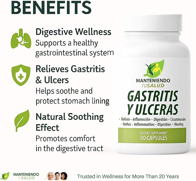 Gastritis y Ulceras Digestive Support Slippery Elm Bark Goldenseal Root 90 Capsules
