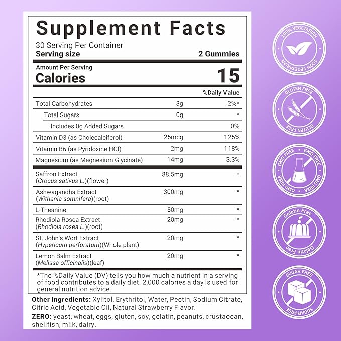 Saffron Supplements Gummies with Saffron Extract Sugar Free 60 Count