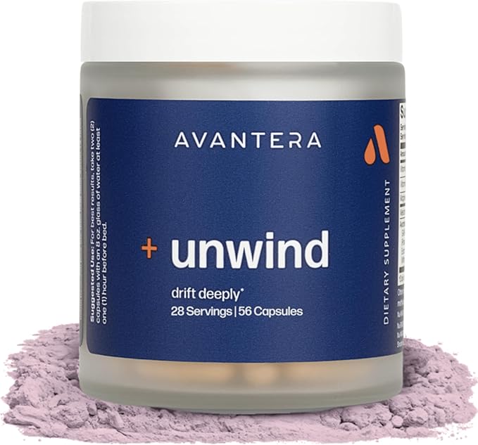 Avantera Unwind - Stress and Sleep Supplement for Adults - Support Healthy Stress Levels &amp Improve Sleep Efficiency - Magnesium Melatonin Ashwagandha &amp More - 56 Vegan Capsules