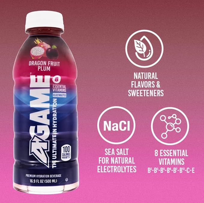 A-GAME Sports Drink Dragon Fruit Plum The Ultimate Hydration Sports Beverage for Athletes 8 Essential Vitamins including B C &amp E plus Natural Sea Salt Electrolytes All Natural Flavors &amp