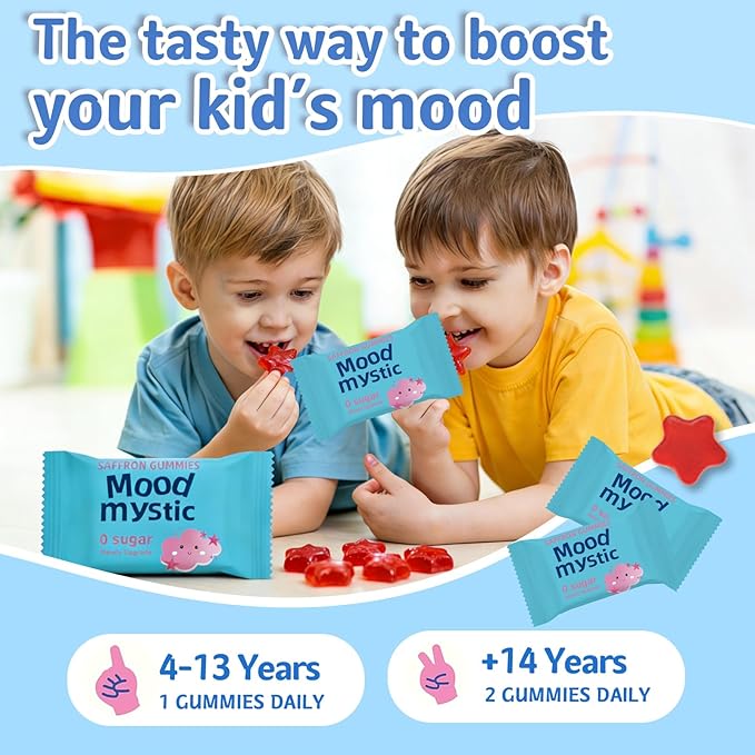 Saffron Gummies for Kids - Saffron Extract Supplement with GABA Calms Temper Tantrums Supports Happy Mood &amp Cognition Focus Calm Gummies for Kids 4+ Sugar Free Strawberry 90 Counts