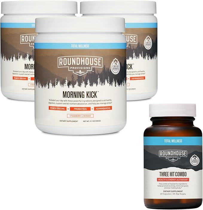 ROUNDHOUSE PROVISION Morning Kick Zero Sugar Greens Superfood Powder Supplement 3 Pack &amp Three Hit Combo – Burn Fat Boost Energy and Support Wellness by Chuck Norris