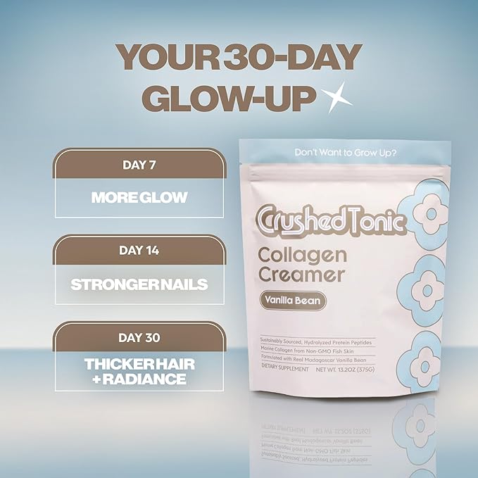 Crushed Tonic Korean Beauty Collagen Powder | Hydrolyzed Bovine Collagen Peptides for Skin Glow Hair &amp Nails | K-Beauty Drink | Gluten-Free Halal &amp Kosher (Vanilla Bean 30 Servings (150 g)
