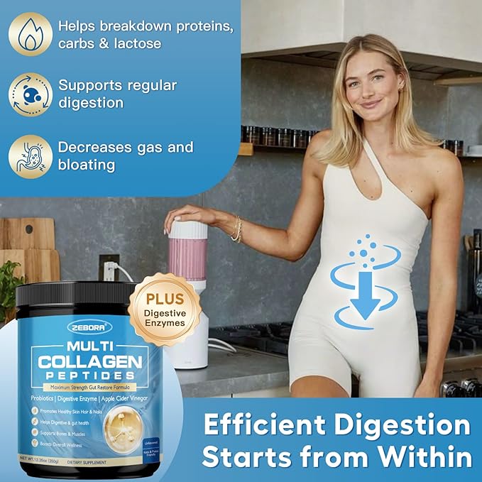 ZEBORA Multi Collagen Peptides Powder with Probiotic for Gut Health Hydrolyzed Collagen with Digestive Enzymes Prebiotics for Women Support Digestive Health Skin Hair Joints Non-GMO35 Servings