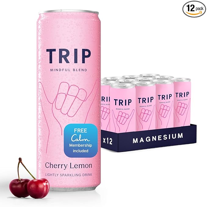 TRIP Lightly Sparkling Adaptogen Drink Non Alcoholic Drink with Magnesium Ashwagandha Lions Mane &amp L Theanine No Added Sugar Mocktail Vegan Cherry Lemon 12 Oz 12Pk