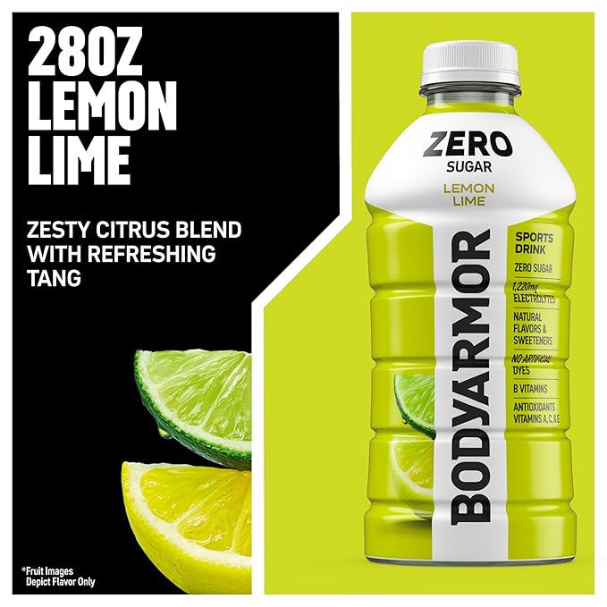 BODYARMOR ZERO Sugar Lemon Lime Electrolyte Drink Natural Flavors 28 Fl Oz Bottles (15 Pack) B Vitamins &amp Antioxidants Sugar Free Hydration