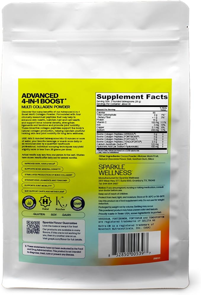 Sparkle Wellness Advanced 4 in 1 Boost | Clinically Tested Multi Collagen Powder with VERISOL FORTIBONE FORTIGEL TENDORFORTE | Skin Hair Bone Joint Health | Chocolate