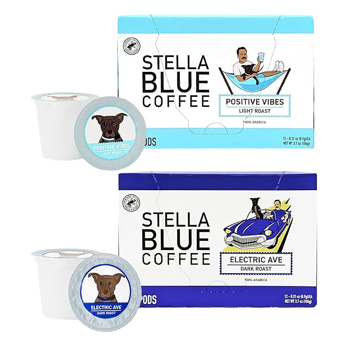 Stella Blue Coffee Pod Variety Pack Positive Vibes Light Roast And Electric Avenue Dark Roast 100% Arabica Coffee Vanilla Fruity And Chocolate Notes 24 Recyclable K Cup Pods Each Bundle