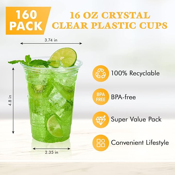 Vplus 160 Pack 16 OZ PET Clear Plastic Cups with Lids 16 OZ Crystal Cold Disposable Drinking Plastic Cups with Flat Lids Perfect for Ice Coffee Smoothie Juice