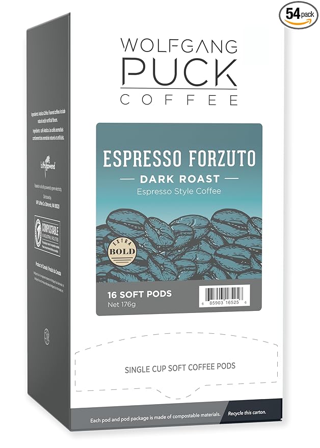 Wolfgang Puck Coffee Espresso Forzuto 9.5 Gram Soft Pods 18-Count (Pack of 3)