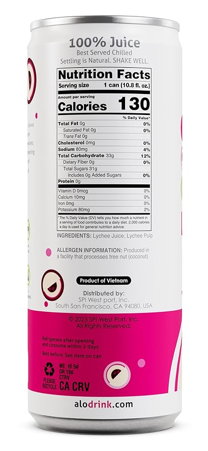 ALO Slim Can Juice Lychee with Real Fruit Pulp| 10.82 fl oz Pack of 12 | Plant-Based Beverage 100% Natural Juice