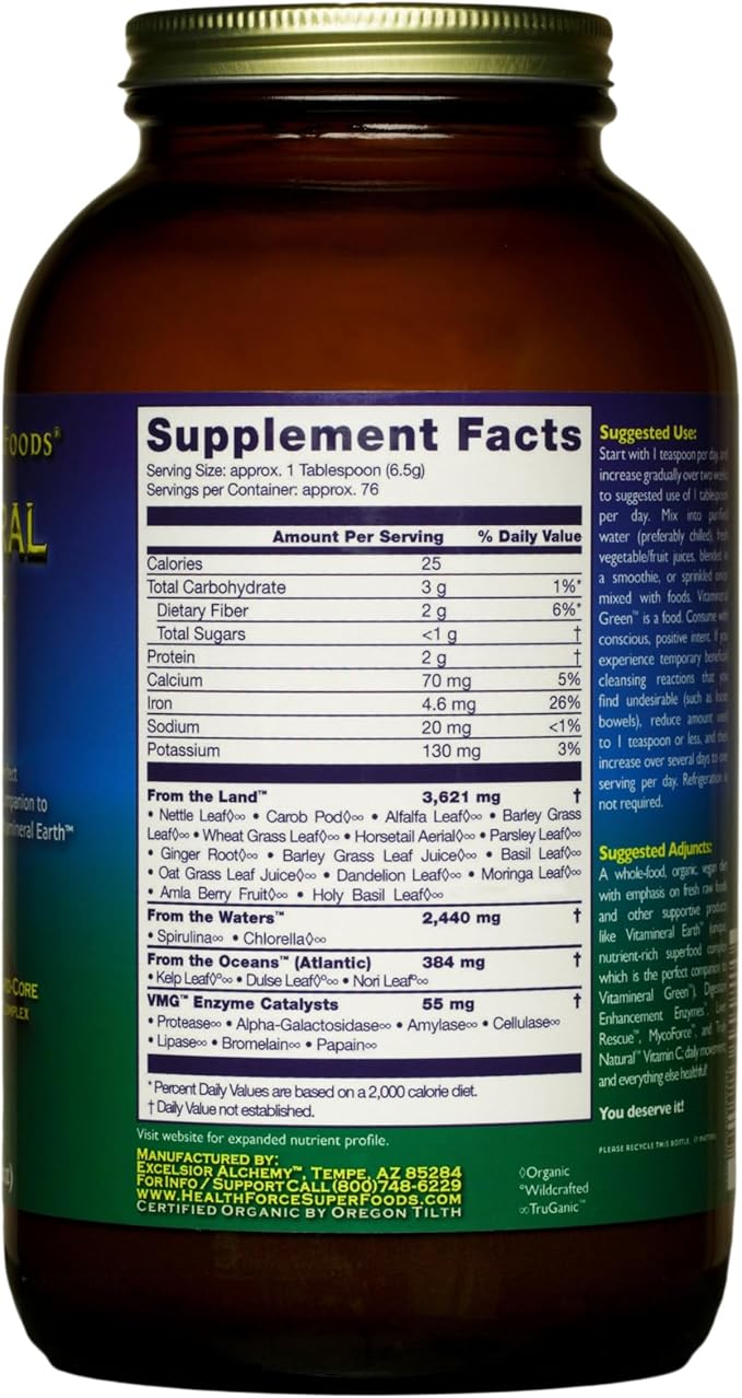 HEALTHFORCE SUPERFOODS Vitamineral Green - Mineral Supplement for Immune &amp Thyroid Support - Green Powder Supplement with Ingredients from The Land - Gluten-Free &amp Vegan - 500 Grams