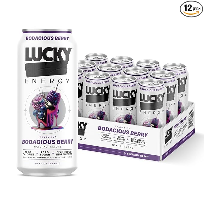 Lucky Energy Sugar Free Energy Drinks Bodacious Berry 16oz Cans (12-Pack) Healthy Zero Sugar Energy Drink with Maca Ginseng Beta-Alanine Taurine &amp 200mg Caffeine
