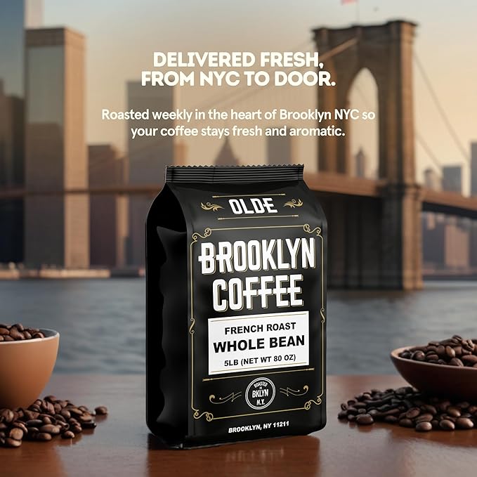 BROOKLYN COFFEE Whole Bean French Dark Roast (5lb) Silky Smooth Bold Balanced - Fresh Bulk Coffee Beans Roasted Weekly in NYC