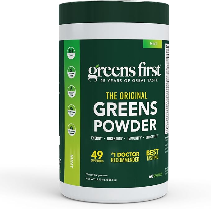 Greens First Original Greens Powder - 49 Superfoods - Organic Fruits &amp Veggies - Prebiotics Probiotics &amp Digestive Enzymes - Antioxidant Smoothie - Dairy Free Vegan &amp Non-GMO (Mint 60 S