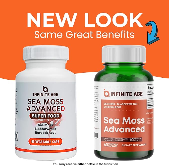 INFINITE AGE 2 Pack of 1250mg Sea Moss Advanced Superfood Capsules 120 Count - High-Potency Vegan Made in The USA - Irish Seamoss Bladderwrack Burdock Root - Overall Health Immunity Support