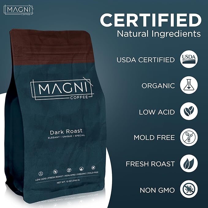 Magni Coffee – Organic Whole Bean Coffee Dark Roast Low Acid Single Origin – Fair Trade – Third-Party Tested for Mycotoxins &amp Pesticides – 12 oz
