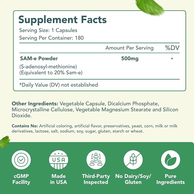 500mg SAM-e Supplement - High Strength 500mg S-Adenosyl-L-Methionine Capsules for Brain Liver and Mood Support - Non-GMO High Absorption Same Supplement (360 Servings)