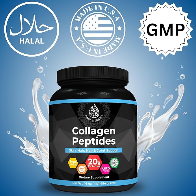 Halal Collagen Peptides Powder 1 lb Non-GMO Keto Friendly 18g Protein Skin Hair Nail and Joint Support 20 Grams of Collagen Per Serving 16oz