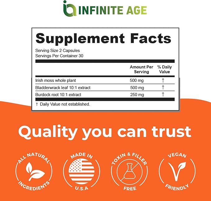 INFINITE AGE 2 Pack of 1250mg Sea Moss Advanced Superfood Capsules 120 Count - High-Potency Vegan Made in The USA - Irish Seamoss Bladderwrack Burdock Root - Overall Health Immunity Support