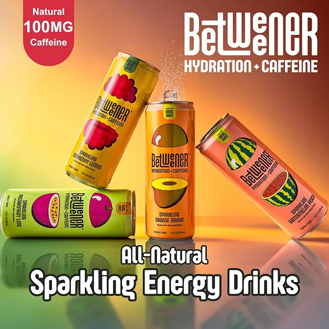 Betweener Sparkling Energy Seltzer Sparkling Water w/Real Juice &amp 100mg Caffeine Light &amp Refreshing L-Theanine for Focus Vitamins B+C - Low Sugar - 45 Cals - Variety Pack (12 Pack)
