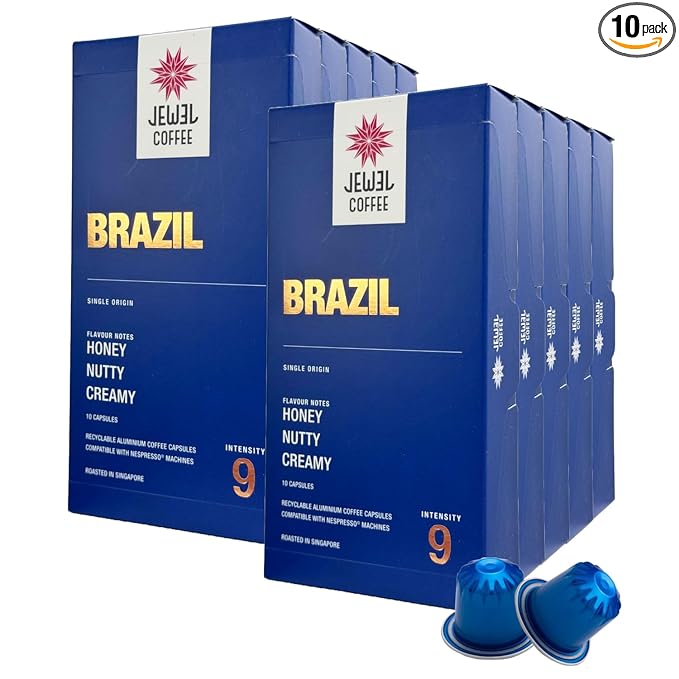 Jewel Coffee Specialty Coffee Capsules - Brazil Single Origin 100% Arabica Coffee Intensity 9 Medium Roast Compatible with Original Nespresso Machines 100 Count (10 Boxes of 10 Espresso Capsules)