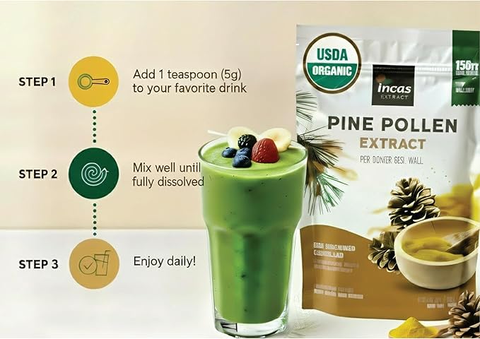 INCAS 100% USDA Organic Pine Pollen Powder (6 Ounces) Non GMO Verified 99% Cracked Cell Wall Wild HARVESTED Non-Irradiated Boosts Energy &amp Immune Support No Fillers or Additives