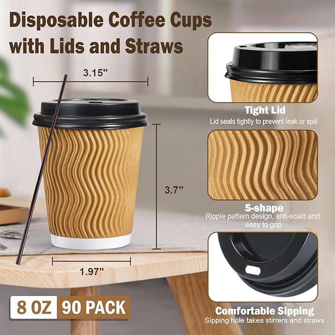 SIUQ 90 Pack - 8 oz Disposable Coffee Cups with Lids and StrawsTo go Coffee CupsInsulated Corrugated Paper CupsKraft Ripple Wall Cups for Hot Beverage or Cold Drinks -Champagne