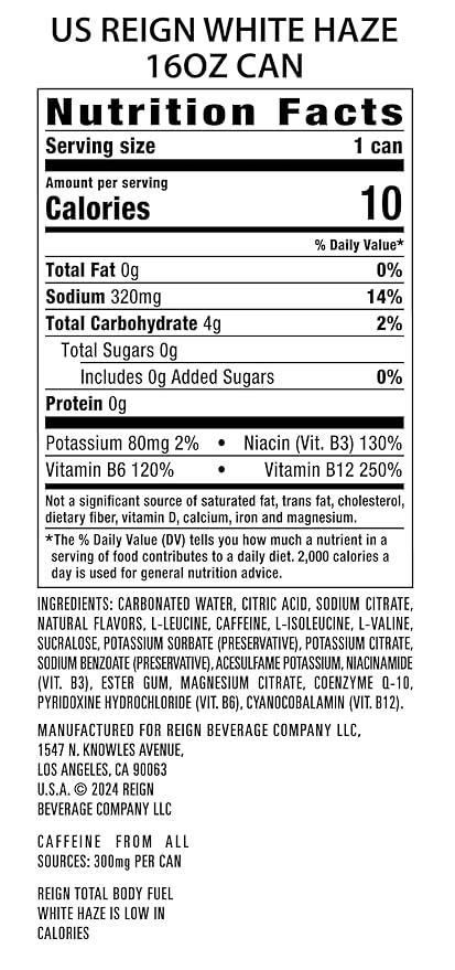 Reign Total Body Fuel White Haze Fitness &amp Performance Drink 16 Fl Oz | Pack of 12